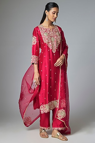 Maroon Spun Silk Kurta Set by SURBHI SHAH