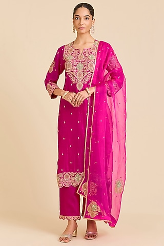 Maroon Spun Silk Marori Embroidered Kurta Set by SURBHI SHAH