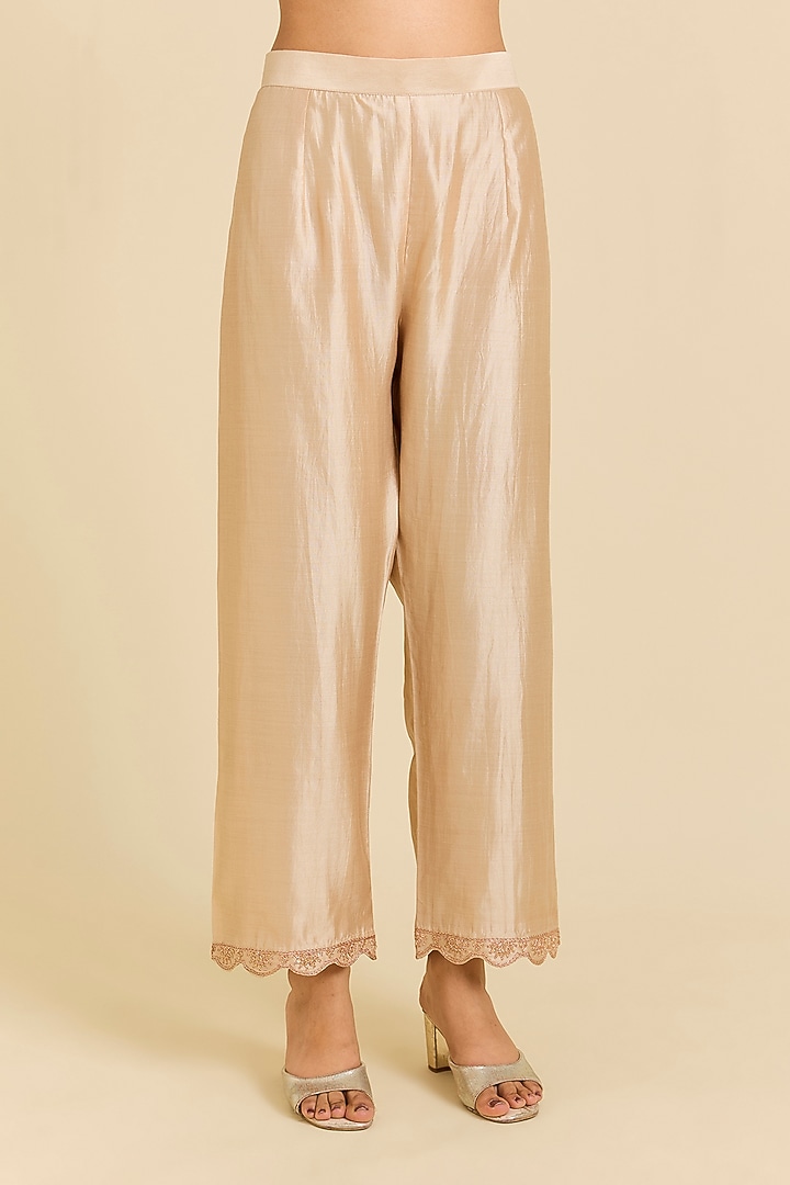 Champagne Spun Silk Marori Embroidered Kurta Set by SURBHI SHAH at Pernia's Pop Up Shop
