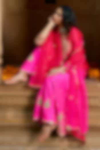 Hot Pink Pure Spun Silk Patch Work Bridal Sharara Set by SURBHI SHAH at Pernia's Pop Up Shop