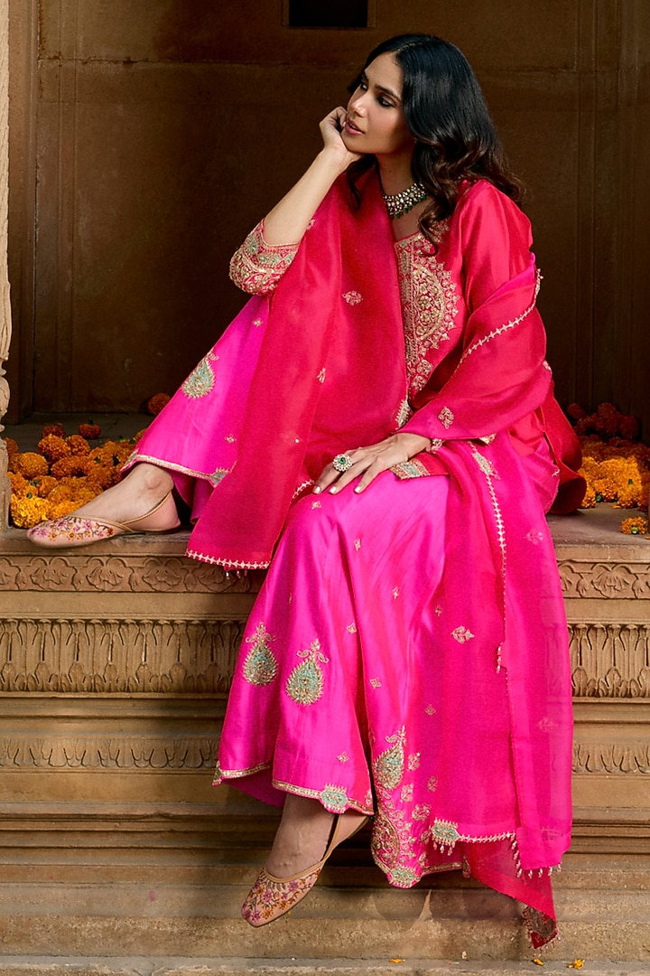 Hot Pink Pure Spun Silk Patch Work Bridal Sharara Set by SURBHI SHAH at Pernia's Pop Up Shop