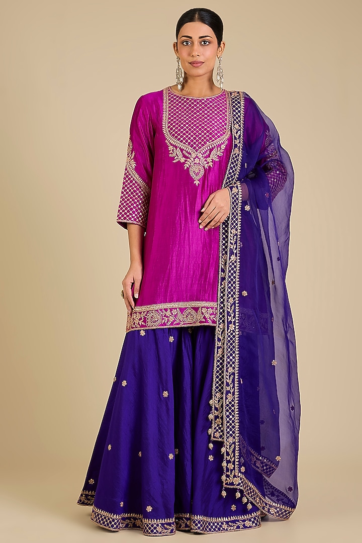 Purple Spun Silk Marori Work Wedding Sharara Set by SURBHI SHAH at Pernia's Pop Up Shop