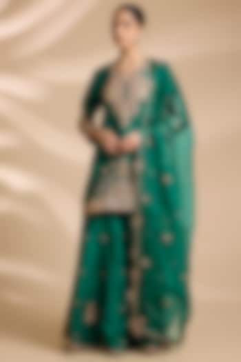 Emerald Green Spun Silk Mukaish Embroidered Gharara Set by Surbhi Shah at Pernia's Pop Up Shop