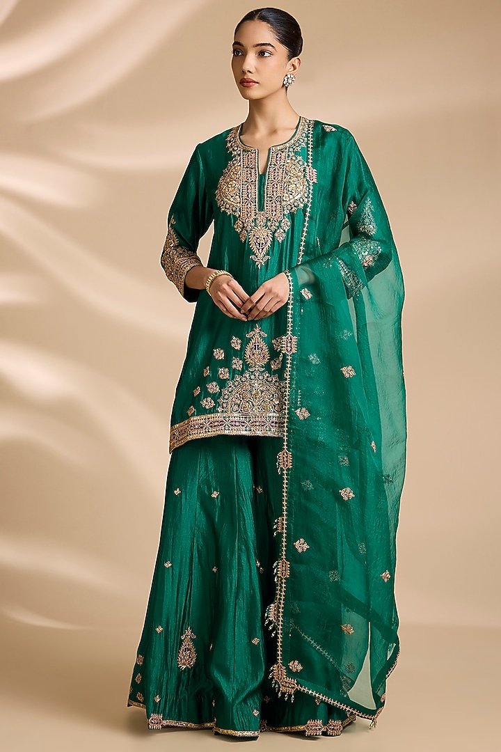 Emerald Green Spun Silk Mukaish Embroidered Gharara Set by Surbhi Shah at Pernia's Pop Up Shop