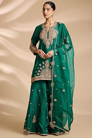 Emerald Green Spun Silk Mukaish Embroidered Gharara Set by Surbhi Shah