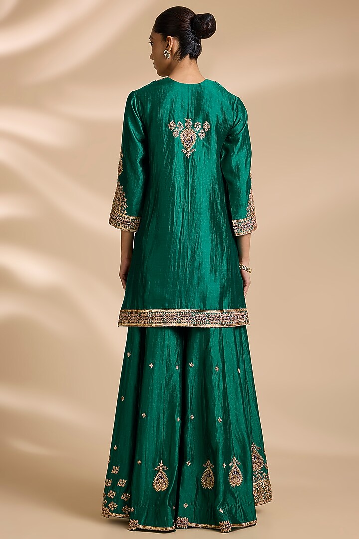 Emerald Green Spun Silk Mukaish Embroidered Gharara Set by Surbhi Shah at Pernia's Pop Up Shop