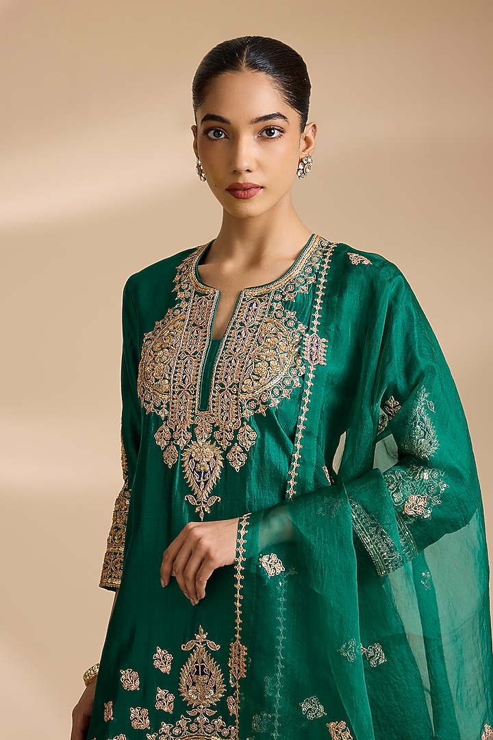 Emerald Green Spun Silk Mukaish Embroidered Gharara Set by Surbhi Shah at Pernia's Pop Up Shop