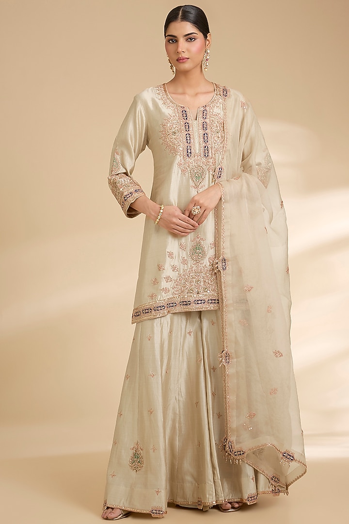 Pearl White Spun Silk Bridal Sharara Set by Surbhi Shah at Pernia's Pop Up Shop