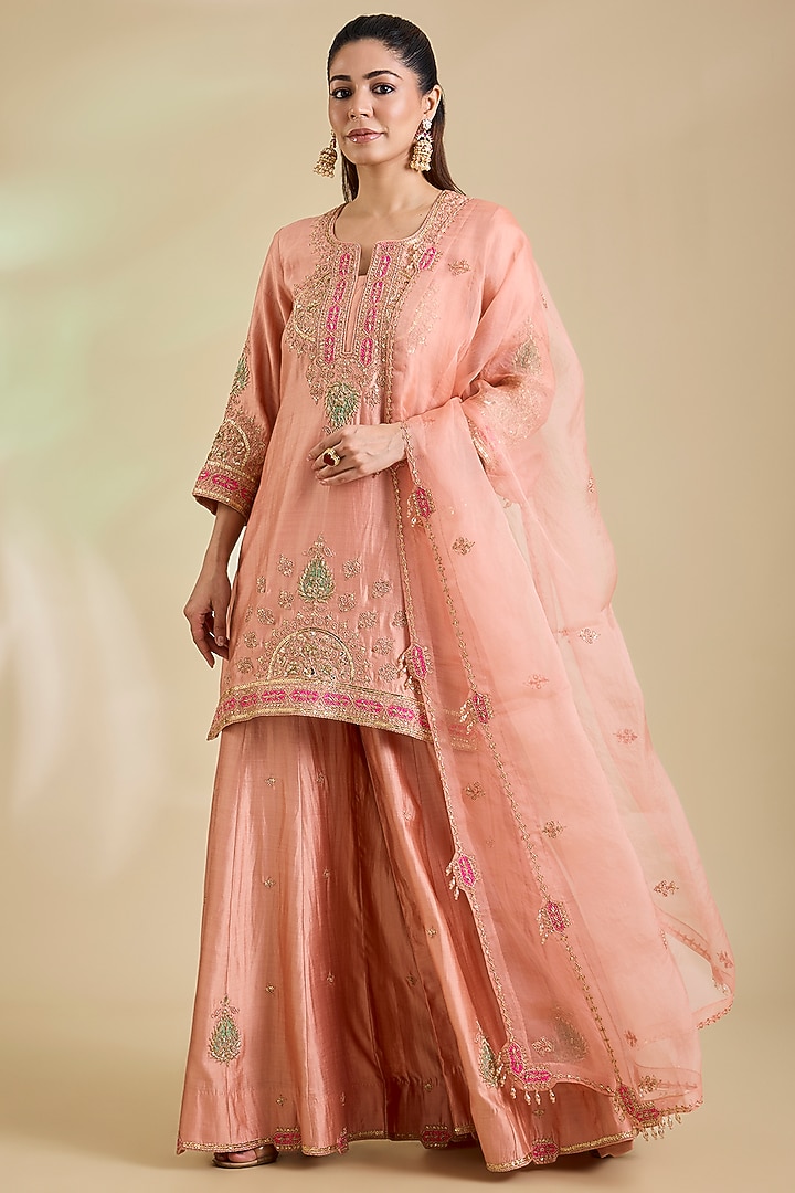 Old Rose Spun Silk Marori Embroidered Bridal Sharara Set by SURBHI SHAH at Pernia's Pop Up Shop