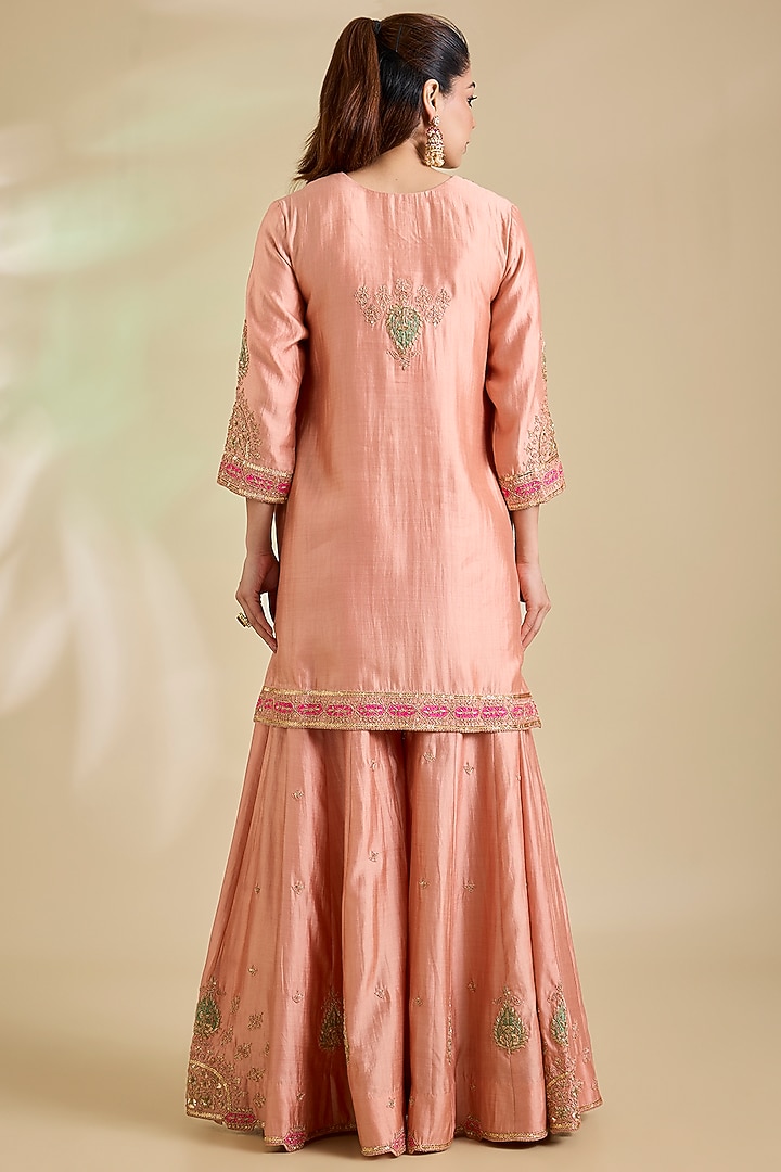 Old Rose Spun Silk Marori Embroidered Bridal Sharara Set by SURBHI SHAH at Pernia's Pop Up Shop