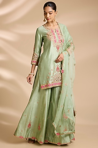 Pistachio Green Spun Silk Embroidered Sharara Set by Surbhi Shah