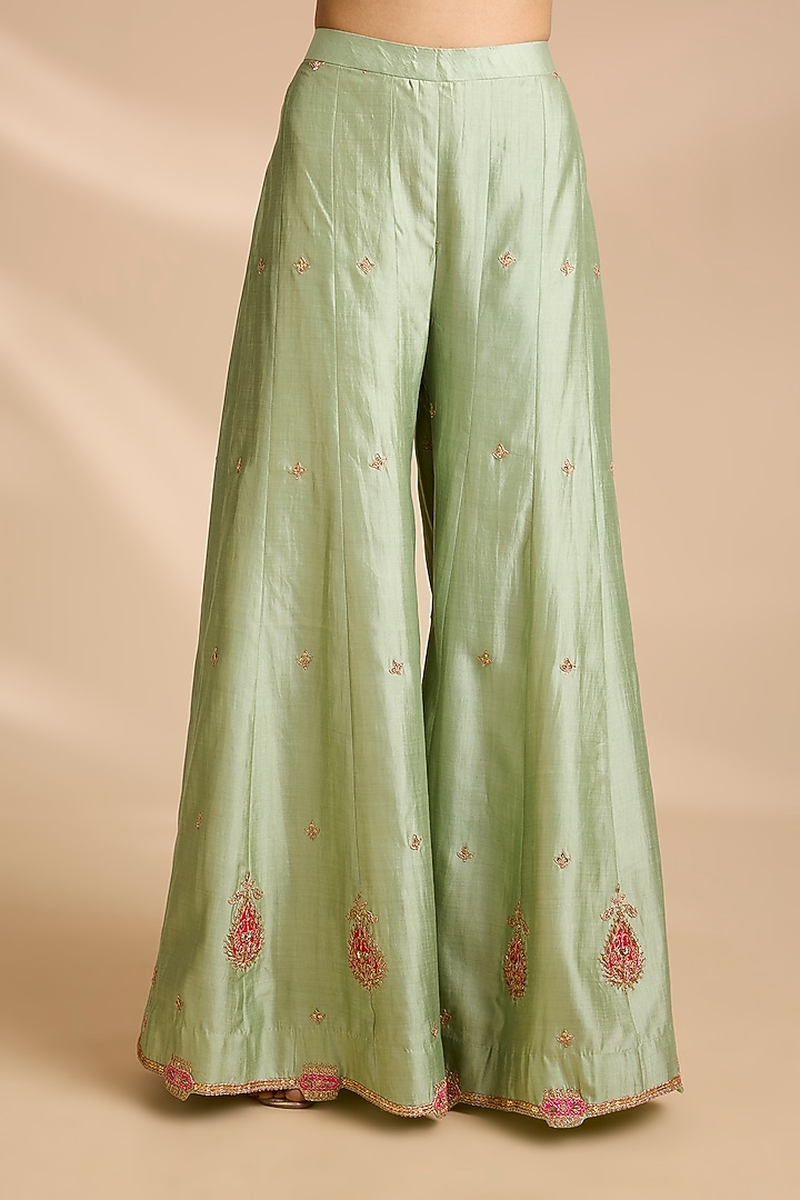 Pistachio Green Spun Silk Embroidered Bridal Sharara Set by Surbhi Shah at Pernia's Pop Up Shop