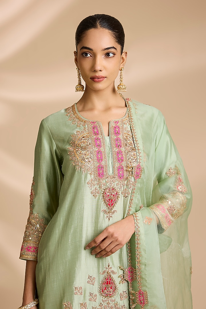 Pistachio Green Spun Silk Embroidered Bridal Sharara Set by Surbhi Shah at Pernia's Pop Up Shop