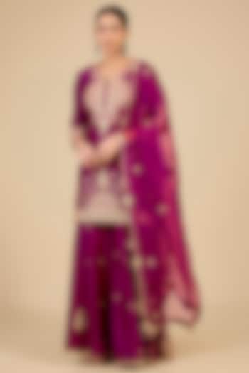 Berry Magenta Spun Silk Patch Work Bridal Sharara Set by Surbhi Shah at Pernia's Pop Up Shop