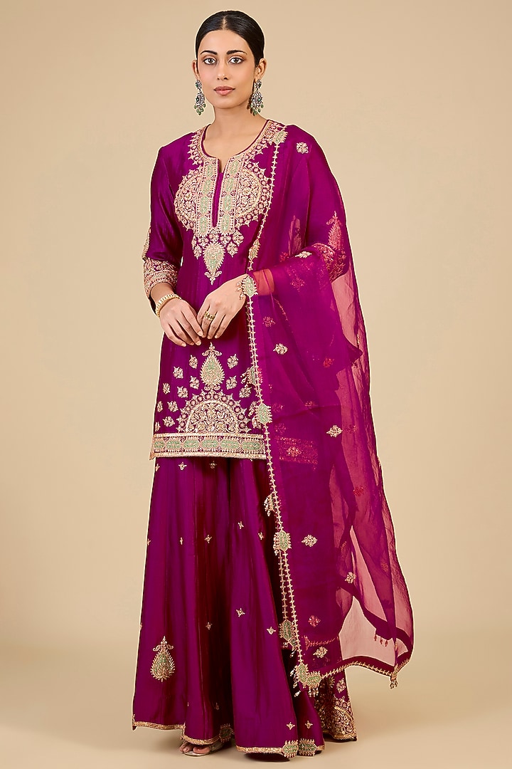 Berry Magenta Spun Silk Patch Work Bridal Sharara Set by Surbhi Shah at Pernia's Pop Up Shop