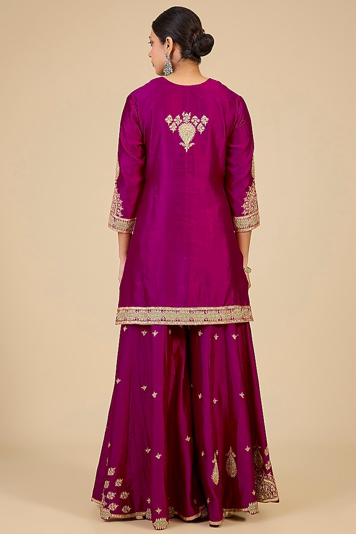 Berry Magenta Spun Silk Patch Work Bridal Sharara Set by Surbhi Shah at Pernia's Pop Up Shop