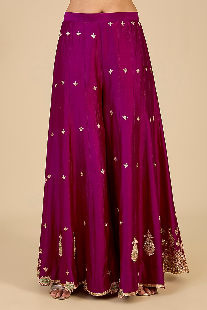 Berry Magenta Spun Silk Patch Work Bridal Sharara Set by Surbhi Shah at Pernia's Pop Up Shop
