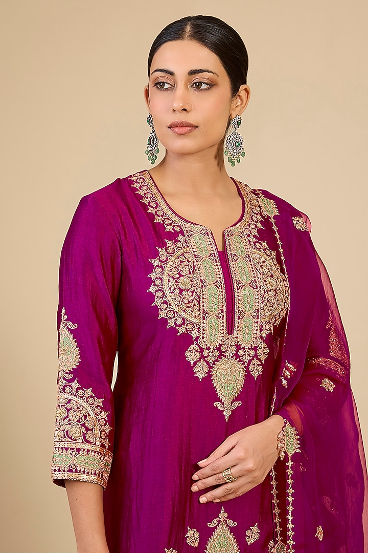 Berry Magenta Spun Silk Patch Work Bridal Sharara Set by Surbhi Shah at Pernia's Pop Up Shop