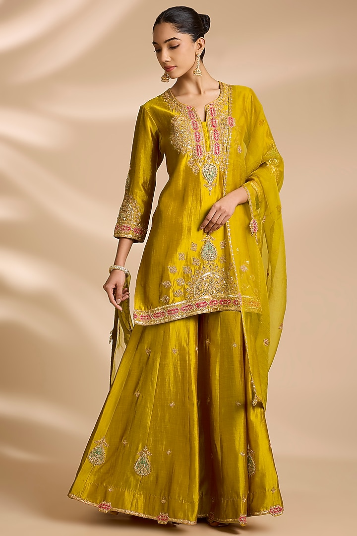 Mustard Spun Silk Marori Embroidered Bridal Sharara Set by Surbhi Shah at Pernia's Pop Up Shop