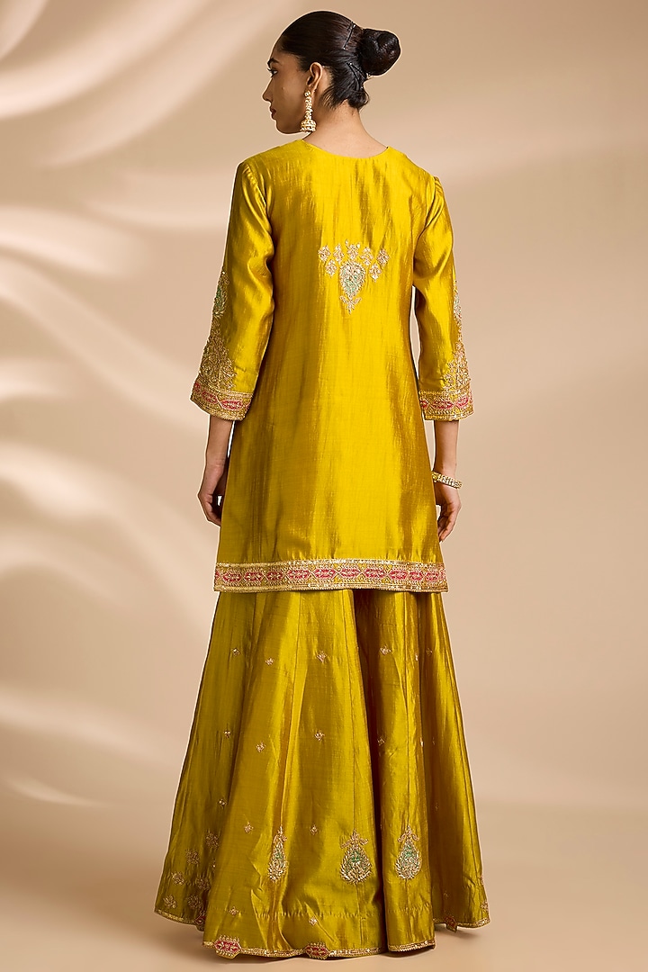 Mustard Spun Silk Marori Embroidered Bridal Sharara Set by Surbhi Shah at Pernia's Pop Up Shop