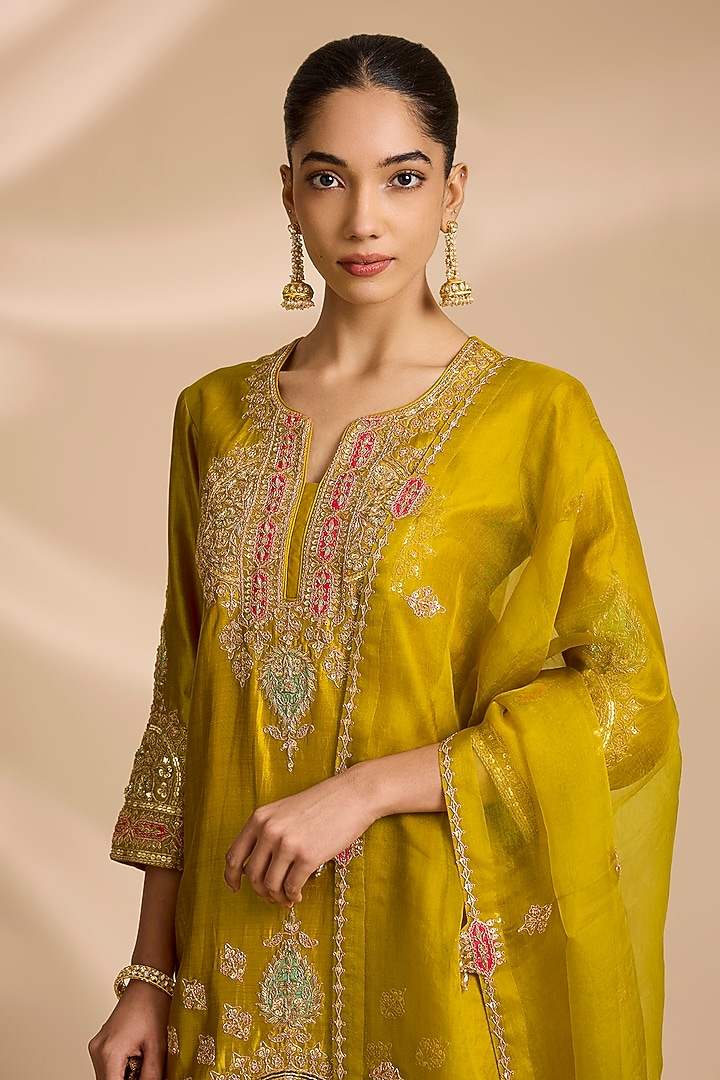 Mustard Spun Silk Marori Embroidered Bridal Sharara Set by Surbhi Shah at Pernia's Pop Up Shop