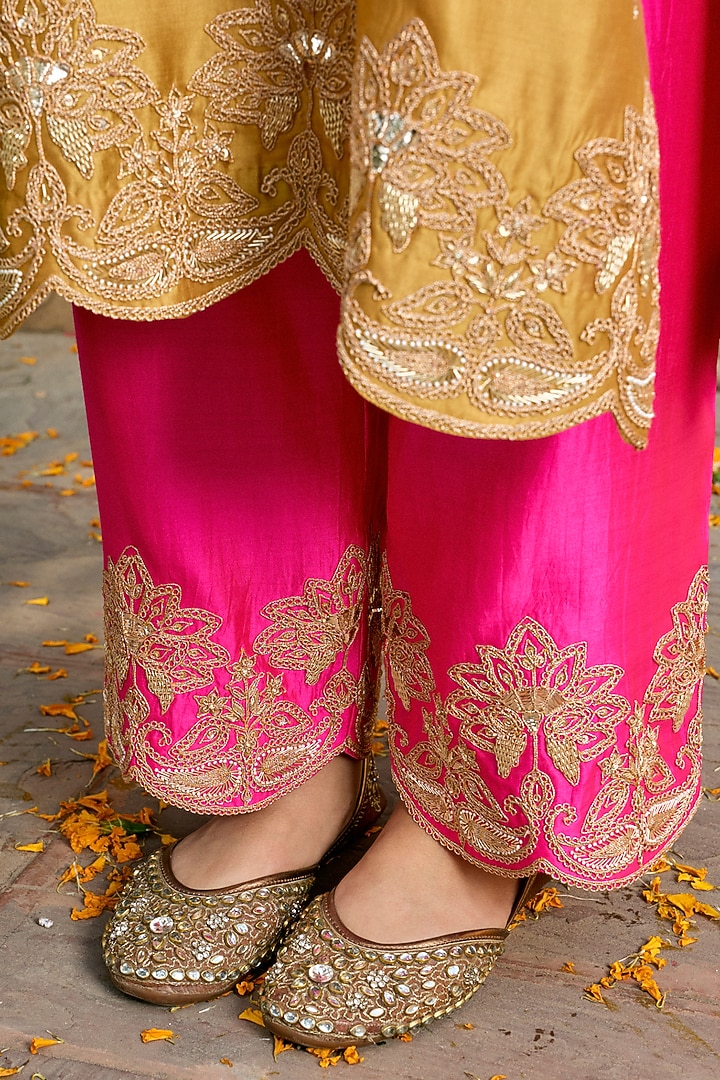 Sunheri Yellow Pure Spun Silk Zardosi Work Kurta Set by SURBHI SHAH at Pernia's Pop Up Shop