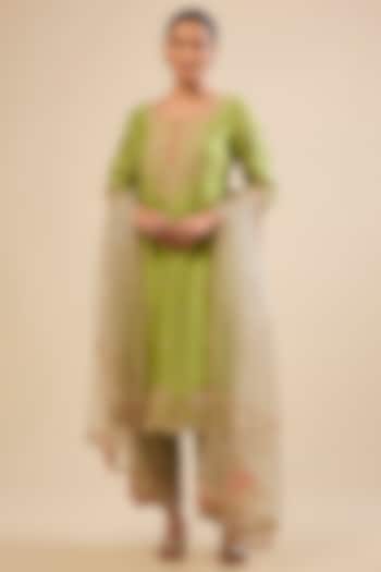 Powder Lemon Green Spun Silk Gota Work Kurta Set by Surbhi Shah at Pernia's Pop Up Shop