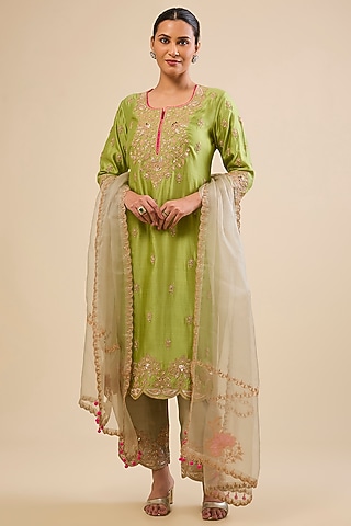 Powder Lemon Green Spun Silk Gota Work Kurta Set by Surbhi Shah