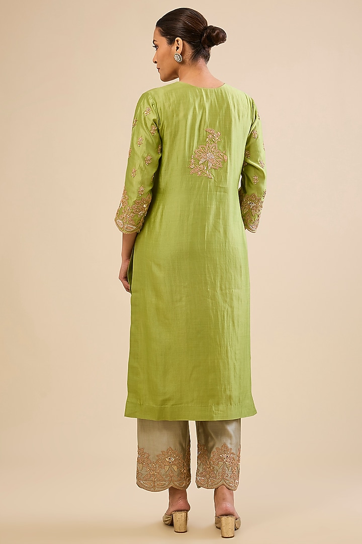 Powder Lemon Green Spun Silk Gota Work Kurta Set by Surbhi Shah at Pernia's Pop Up Shop