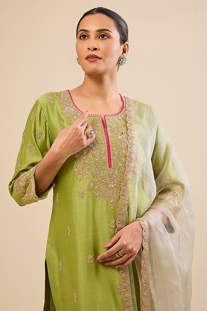 Powder Lemon Green Spun Silk Gota Work Kurta Set by Surbhi Shah at Pernia's Pop Up Shop