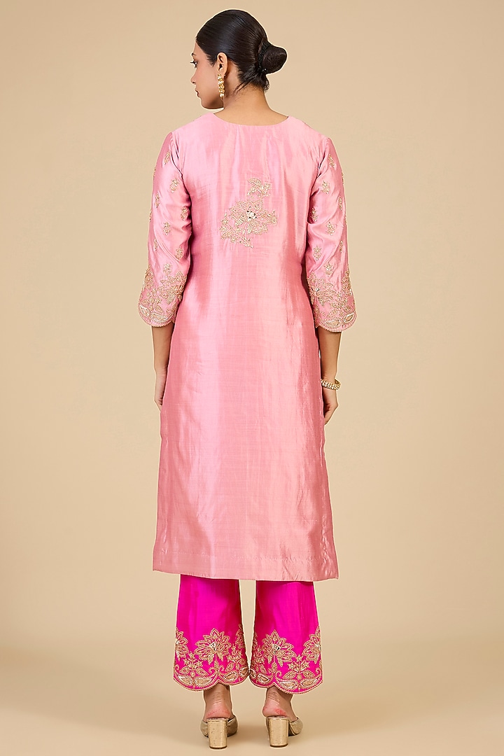 Rose Gold Spun Silk Marori & Patch Work Kurta Set by Surbhi Shah at Pernia's Pop Up Shop