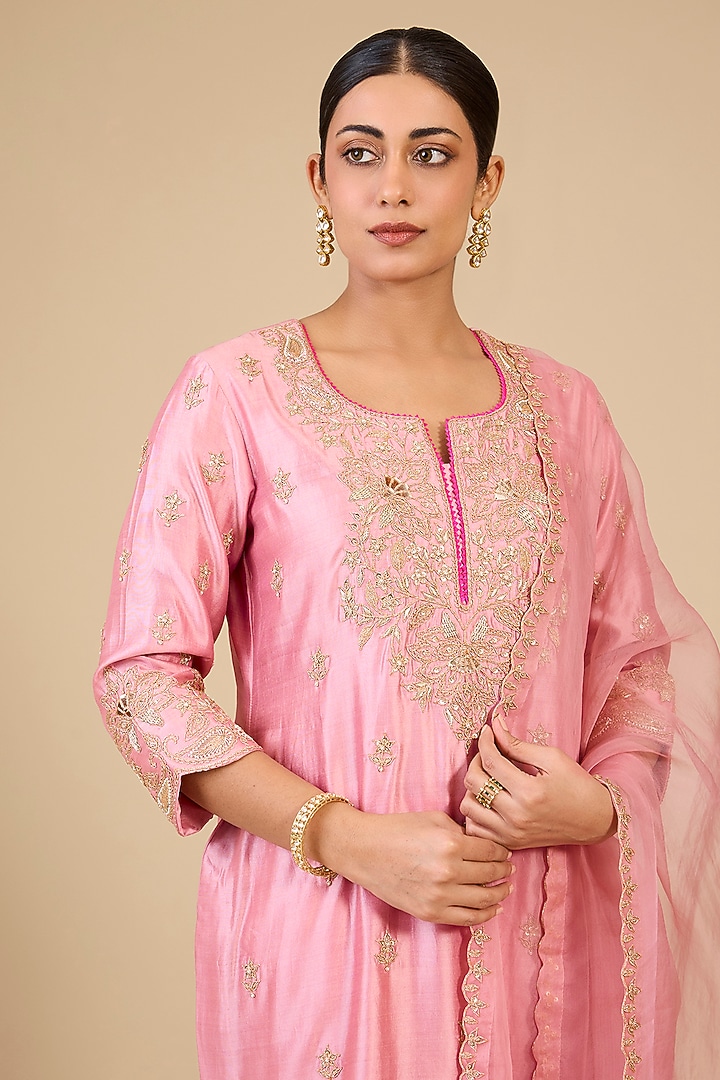 Rose Gold Spun Silk Marori & Patch Work Kurta Set by Surbhi Shah at Pernia's Pop Up Shop