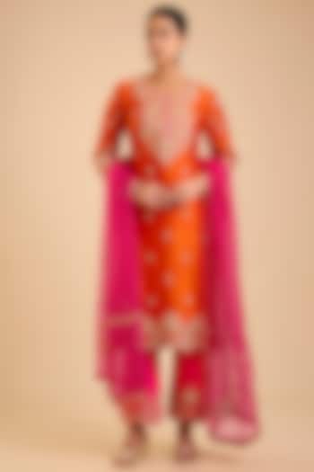 Kesari Orange Spun Silk Marori Embroidered Kurta Set by SURBHI SHAH at Pernia's Pop Up Shop