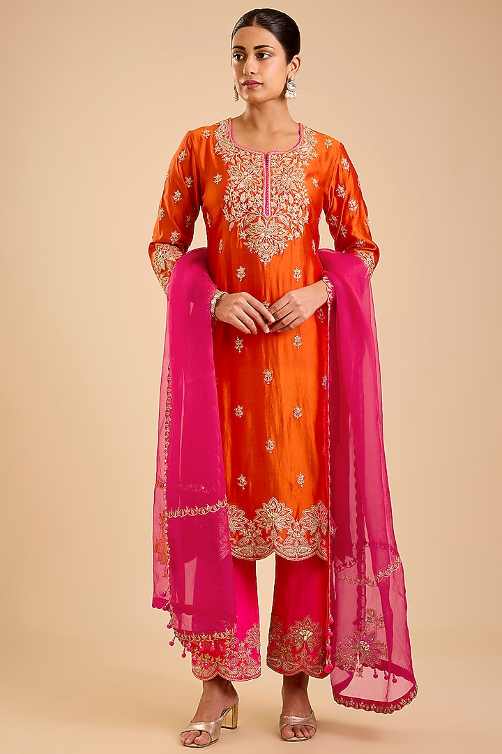Kesari Orange Spun Silk Marori Embroidered Kurta Set by SURBHI SHAH at Pernia's Pop Up Shop