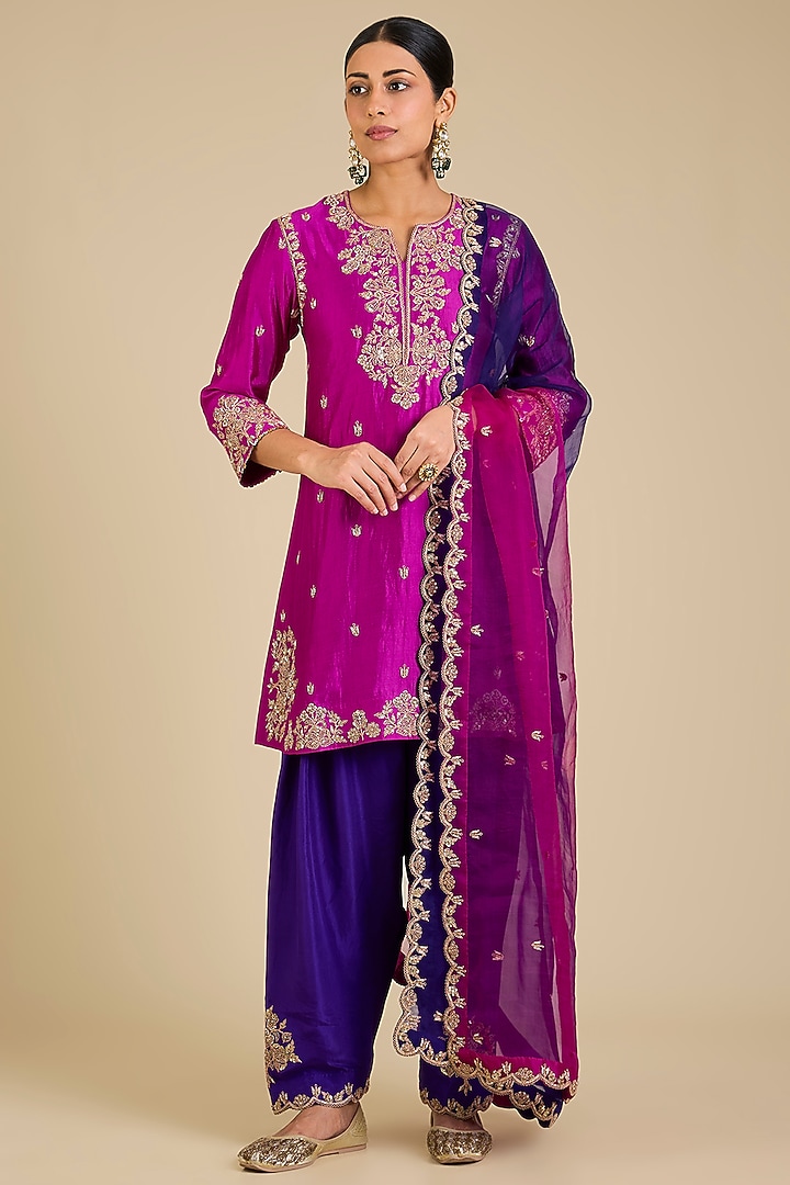 Magenta Spun Silk Marori Work Kurta Set by SURBHI SHAH at Pernia's Pop Up Shop