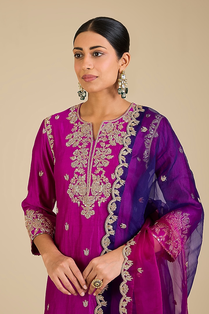 Magenta Spun Silk Marori Work Kurta Set by SURBHI SHAH at Pernia's Pop Up Shop