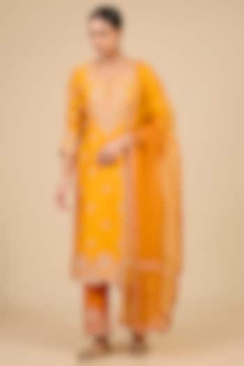 Mango Yellow Spun Silk Marori & Patch Work Kurta Set by Surbhi Shah at Pernia's Pop Up Shop