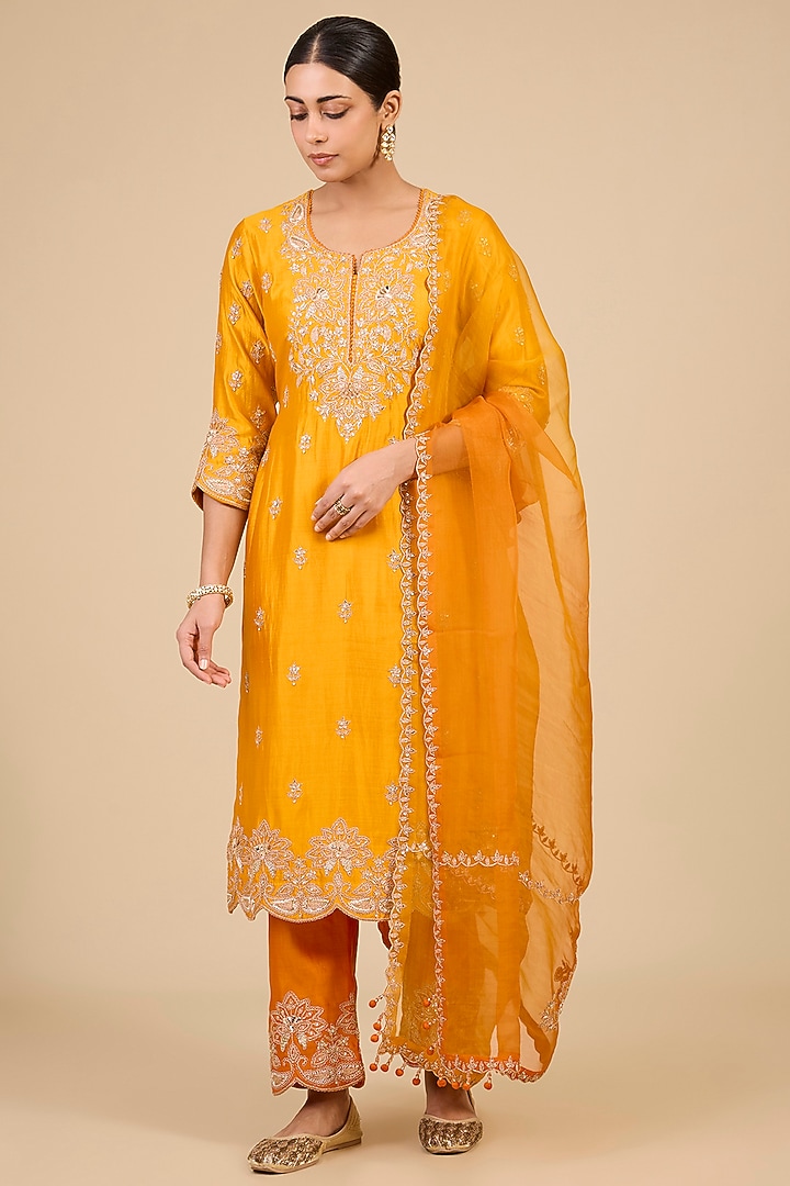 Mango Yellow Spun Silk Marori & Patch Work Kurta Set by Surbhi Shah at Pernia's Pop Up Shop