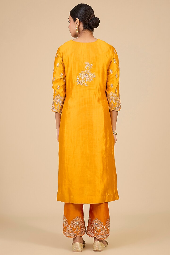 Mango Yellow Spun Silk Marori & Patch Work Kurta Set by Surbhi Shah at Pernia's Pop Up Shop