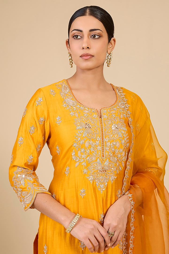 Mango Yellow Spun Silk Marori & Patch Work Kurta Set by Surbhi Shah at Pernia's Pop Up Shop