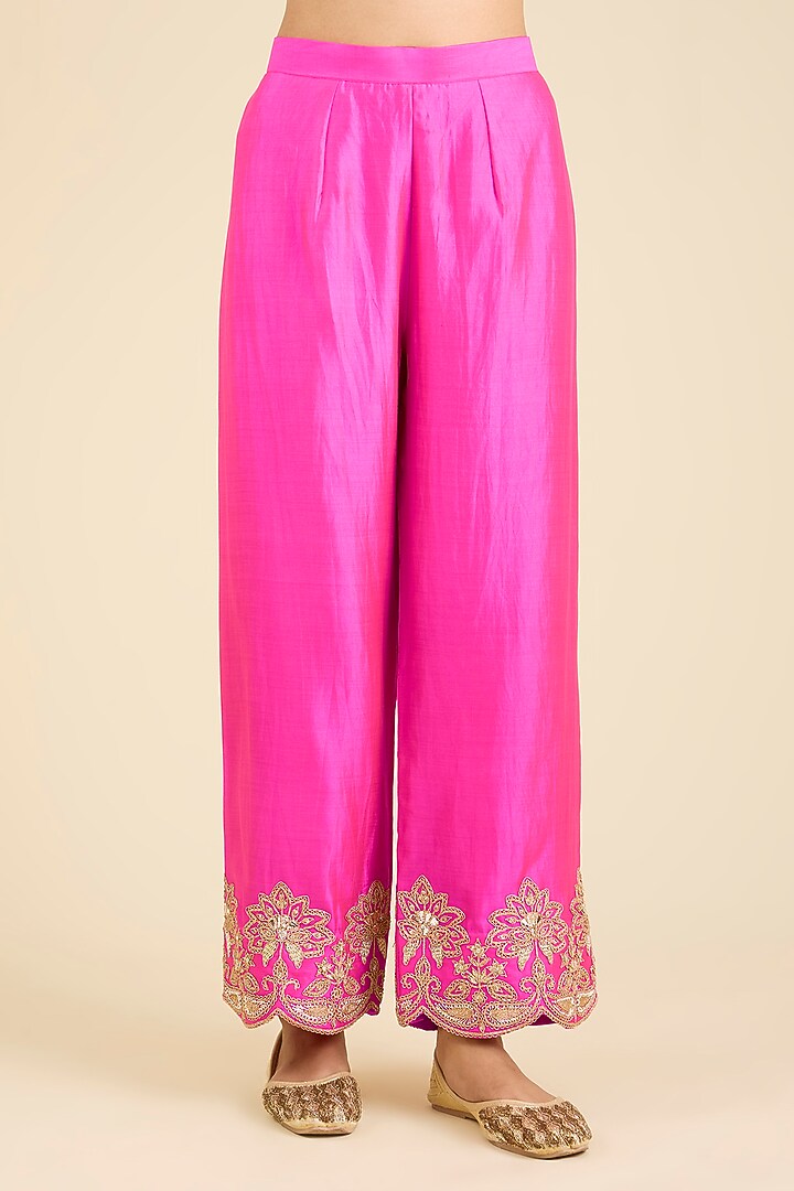 Strawberry Red Spun Silk Embroidered Kurta Set by SURBHI SHAH at Pernia's Pop Up Shop