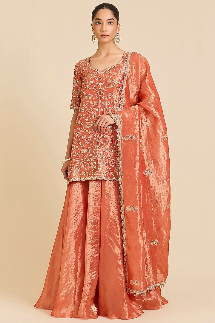 Orange Tissue Bridal Sharara Set by SURBHI SHAH at Pernia's Pop Up Shop