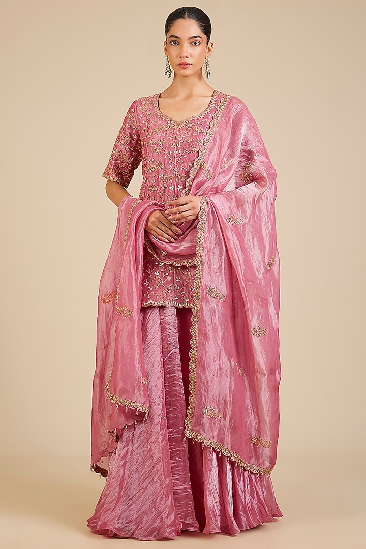 Rose Pink Tissue Marori & Gota Embroidered Kurta Set by Surbhi Shah at Pernia's Pop Up Shop