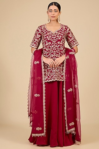 Maroon Spun Silk Skirt Set by Surbhi Shah