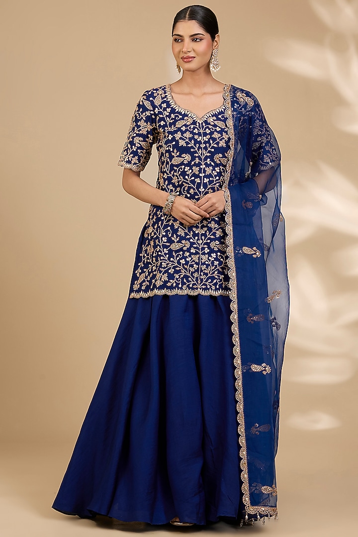 Navy Blue Spun Silk Skirt Set by SURBHI SHAH at Pernia's Pop Up Shop