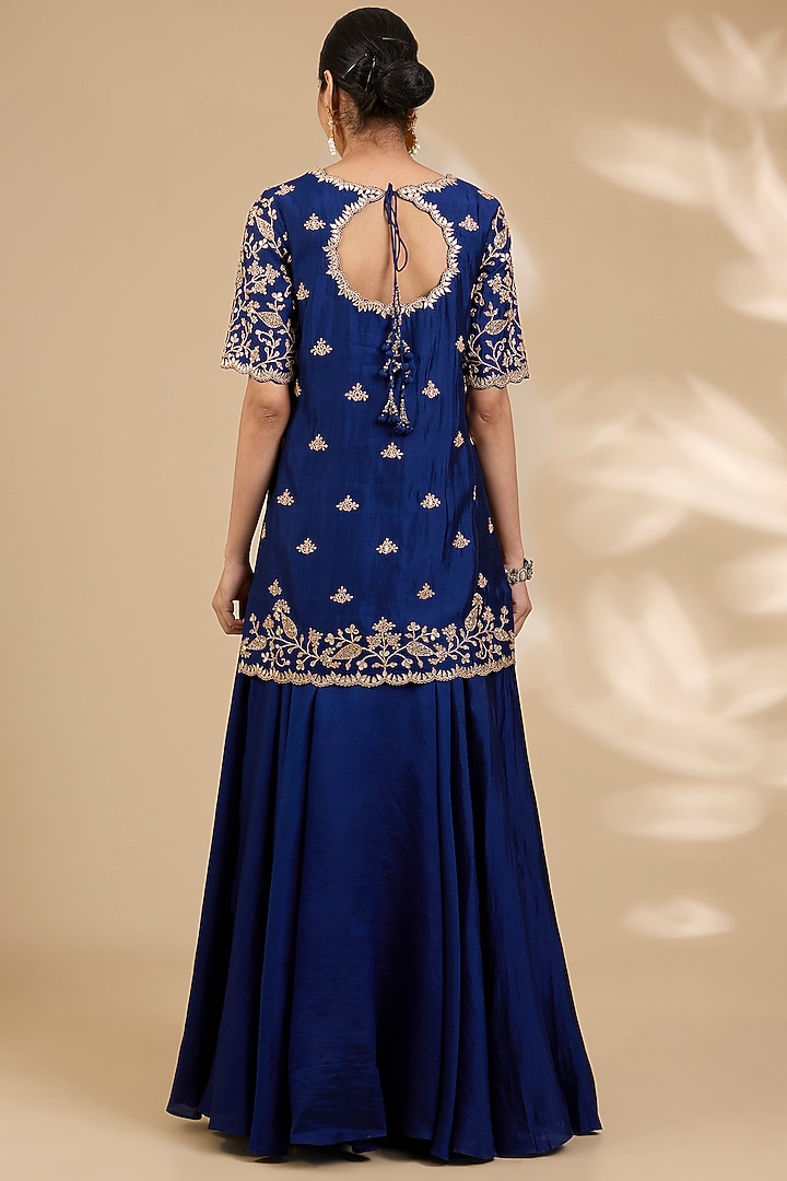 Navy Blue Spun Silk Skirt Set by SURBHI SHAH at Pernia's Pop Up Shop