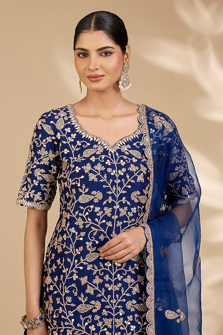 Navy Blue Spun Silk Skirt Set by SURBHI SHAH at Pernia's Pop Up Shop