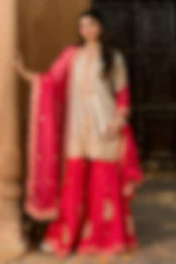 Strawberry Red Pure Spun Silk Mukesh Work Bridal Sharara Set by SURBHI SHAH at Pernia's Pop Up Shop