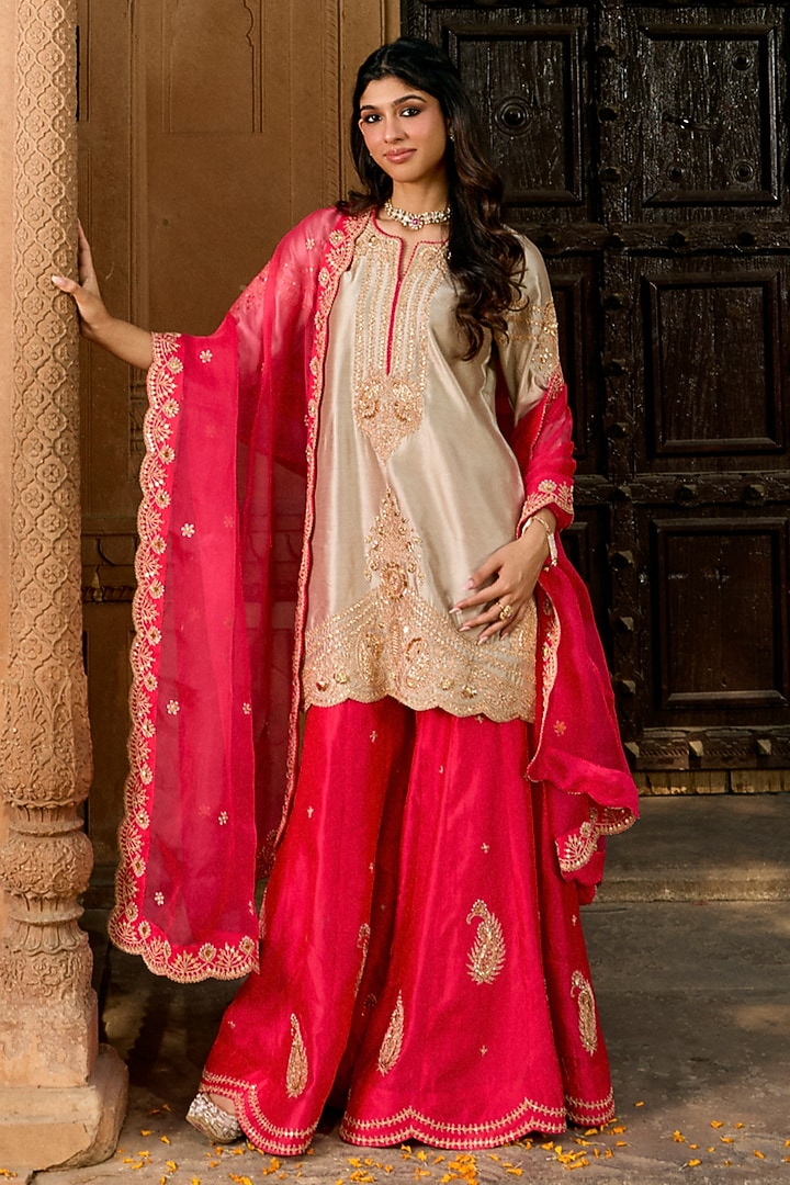 Strawberry Red Pure Spun Silk Mukesh Work Bridal Sharara Set by SURBHI SHAH at Pernia's Pop Up Shop
