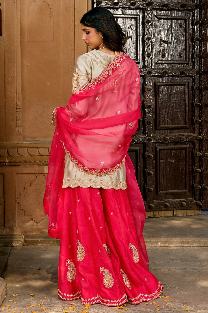 Strawberry Red Pure Spun Silk Mukesh Work Bridal Sharara Set by SURBHI SHAH at Pernia's Pop Up Shop